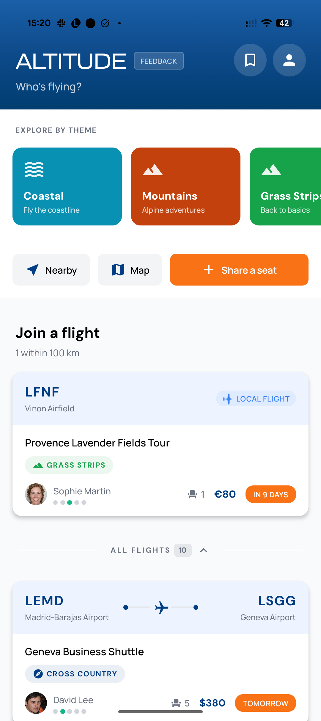 Altitude app screenshot showing the pilot community feed